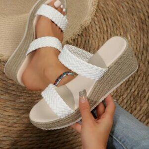 Women’s Woven Strap Slip-On Platform Sandals, Size 8 (EU 39), White